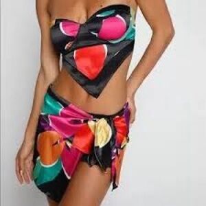 Tiger Mist Black Floral Satin Two-Piece Set with Red Accents